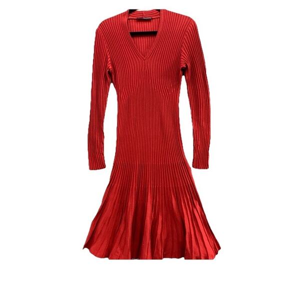 Peruvian Connection Pima Cotton Red Ribbed Long SLV Knit Fit Flare Midi Dress Lg - Picture 1 of 10